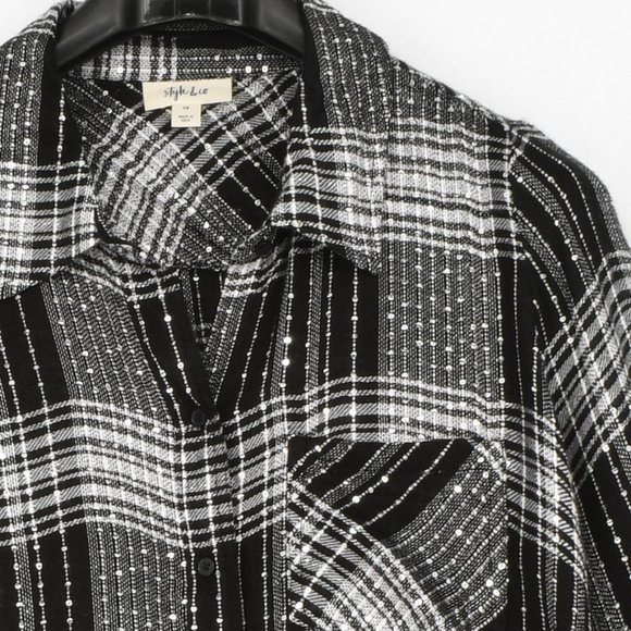 Style & Co Womens Shirt Top Plus 1X Black Sparkling Plaid Button-Up High-Low Hem - Picture 3 of 6